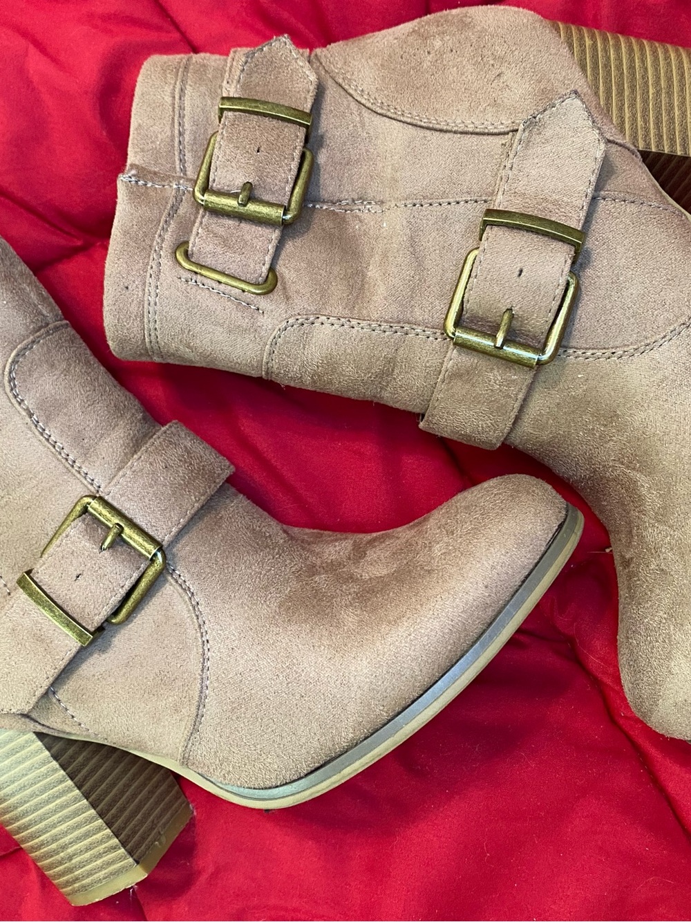 Shoe Dazzle Taupe Suede Buckle Mid-Heel Ankle Boots